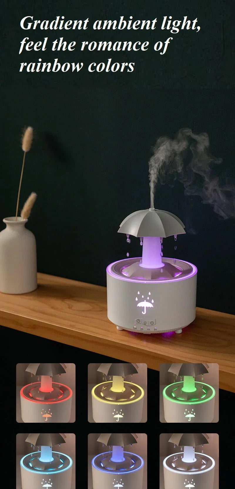 Máquina de aromaterapia con forma de paraguas giratorio y gotas de agua