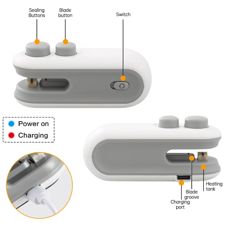 Mini selladora portátil 2 en 1, máquina de sellado de bolsas por calor, recargable por USB, para almacenamiento de alimentos, con clip de sellado, para embalaje.