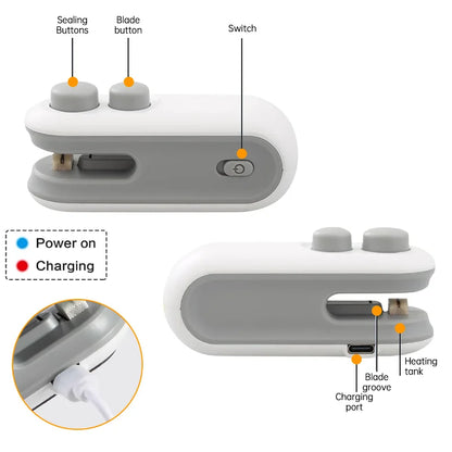 Mini selladora portátil 2 en 1, máquina de sellado de bolsas por calor, recargable por USB, para almacenamiento de alimentos, con clip de sellado, para embalaje.