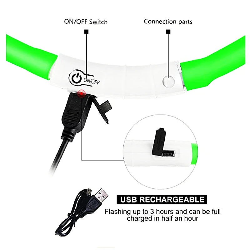 Collar luminoso recargable por USB, ajustable, con luz LED brillante, para perros grandes y pequeños, con luz nocturna y arnés de seguridad para mascotas.