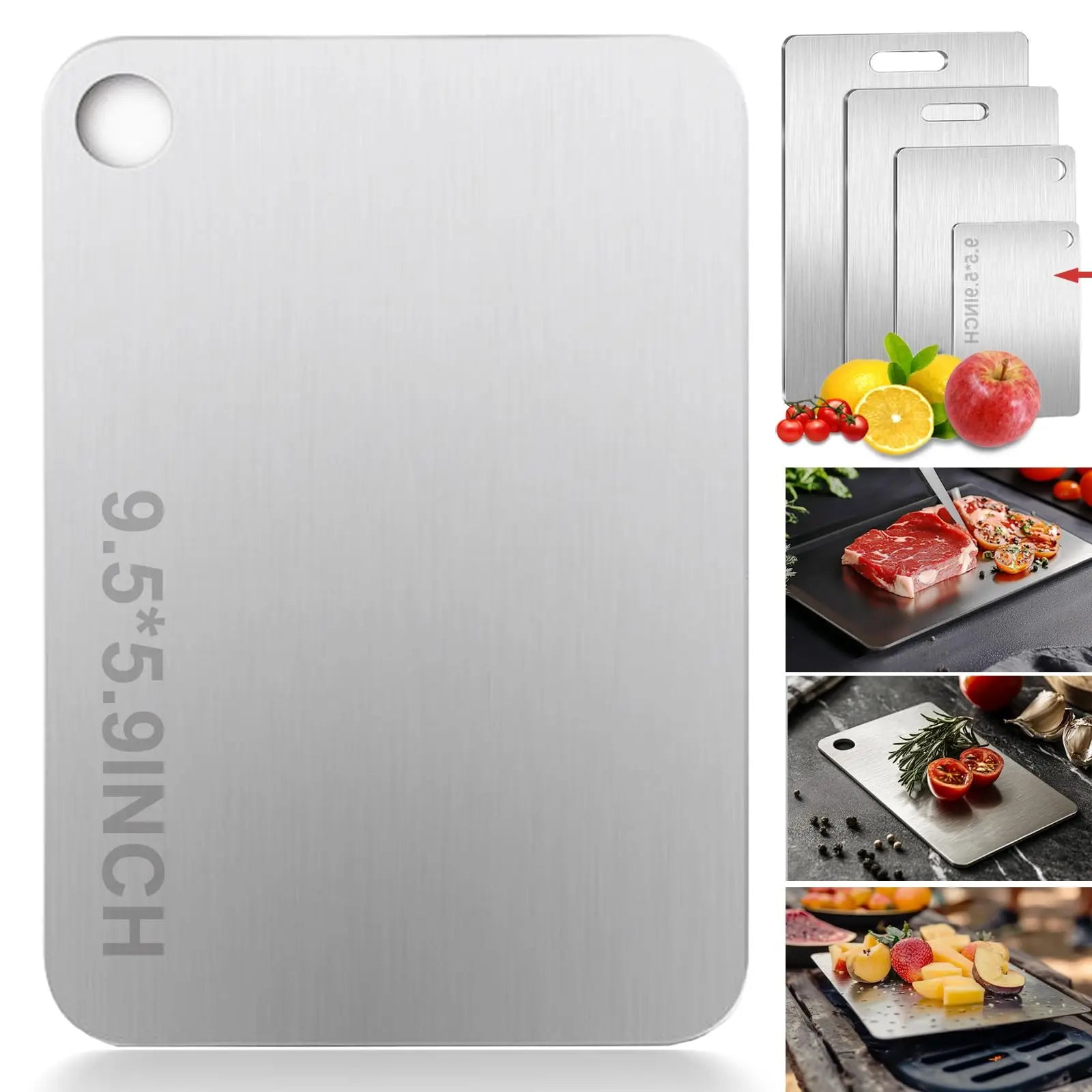 Tabla de cortar de titanio para cocina, de acero inoxidable 304, gruesa, de doble cara, de grado alimenticio, portátil, para picar carne y frutas.