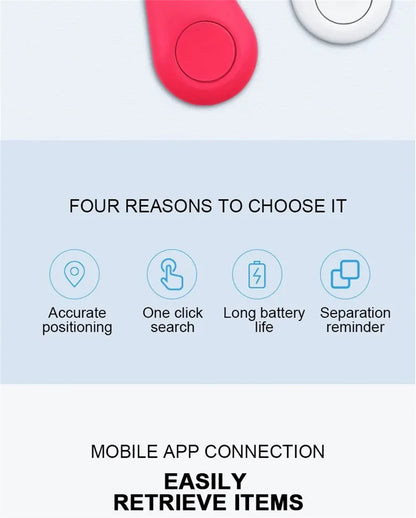 Minirastreador GPS inteligente para mascotas, alarma antipérdida, localizador inalámbrico con localizador de llaves y bolso para niños, recordatorio y control de obturador para selfies.