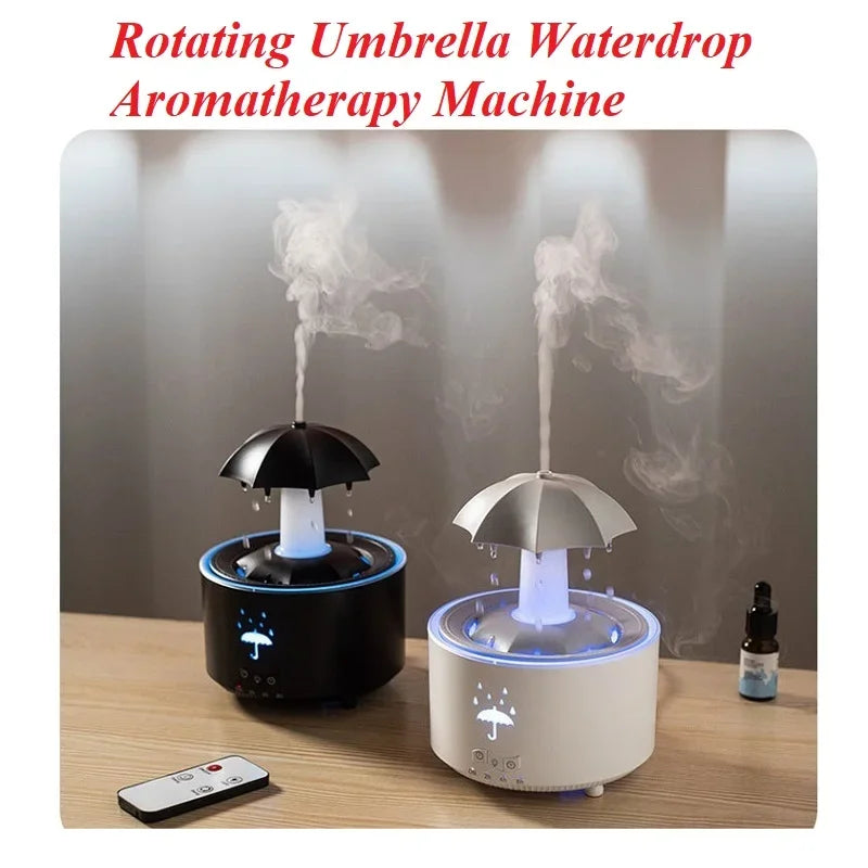 Máquina de aromaterapia con forma de paraguas giratorio y gotas de agua