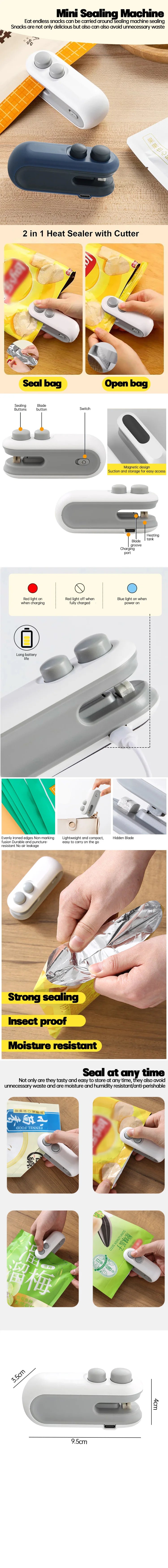Mini selladora portátil 2 en 1, máquina de sellado de bolsas por calor, recargable por USB, para almacenamiento de alimentos, con clip de sellado, para embalaje.
