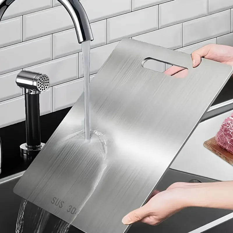 Tabla de cortar de titanio para cocina, de acero inoxidable 304, gruesa, de doble cara, de grado alimenticio, portátil, para picar carne y frutas.